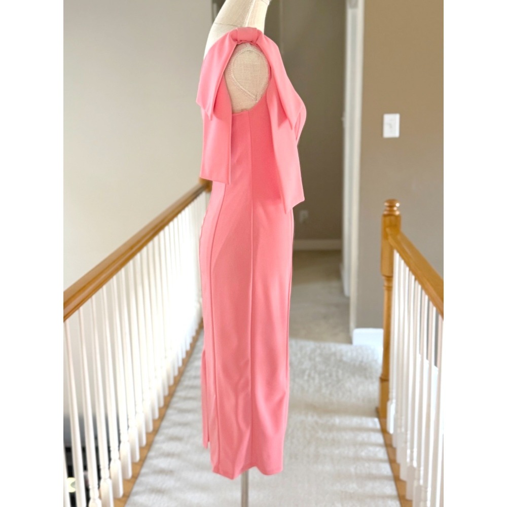 Marina Midi Crepe Dress One Shoulder Bow Accent In Coral Size XS - Picture 3 of 9